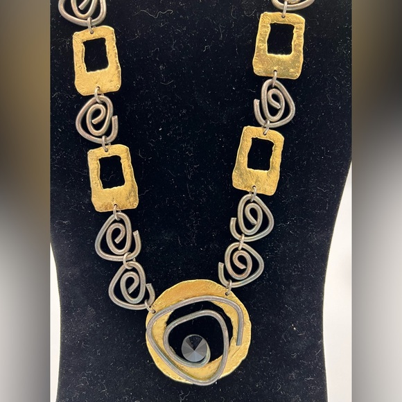 J. JANSEN Handcrafted Modern Brutalist Necklace Gold-Silver Tone Rhinestone - Picture 4 of 7